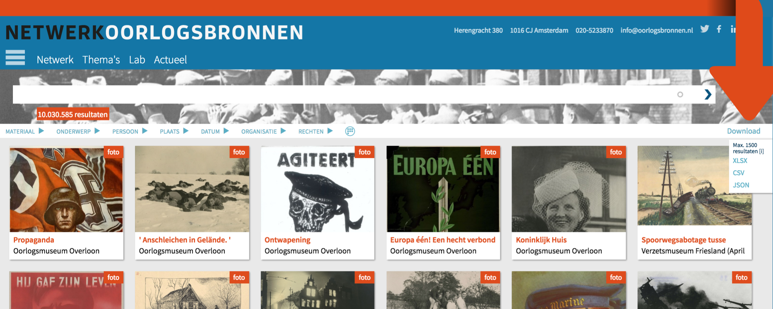 Zoekresultaten downloaden in de collectie-portal Oorlogsbronnen.nl