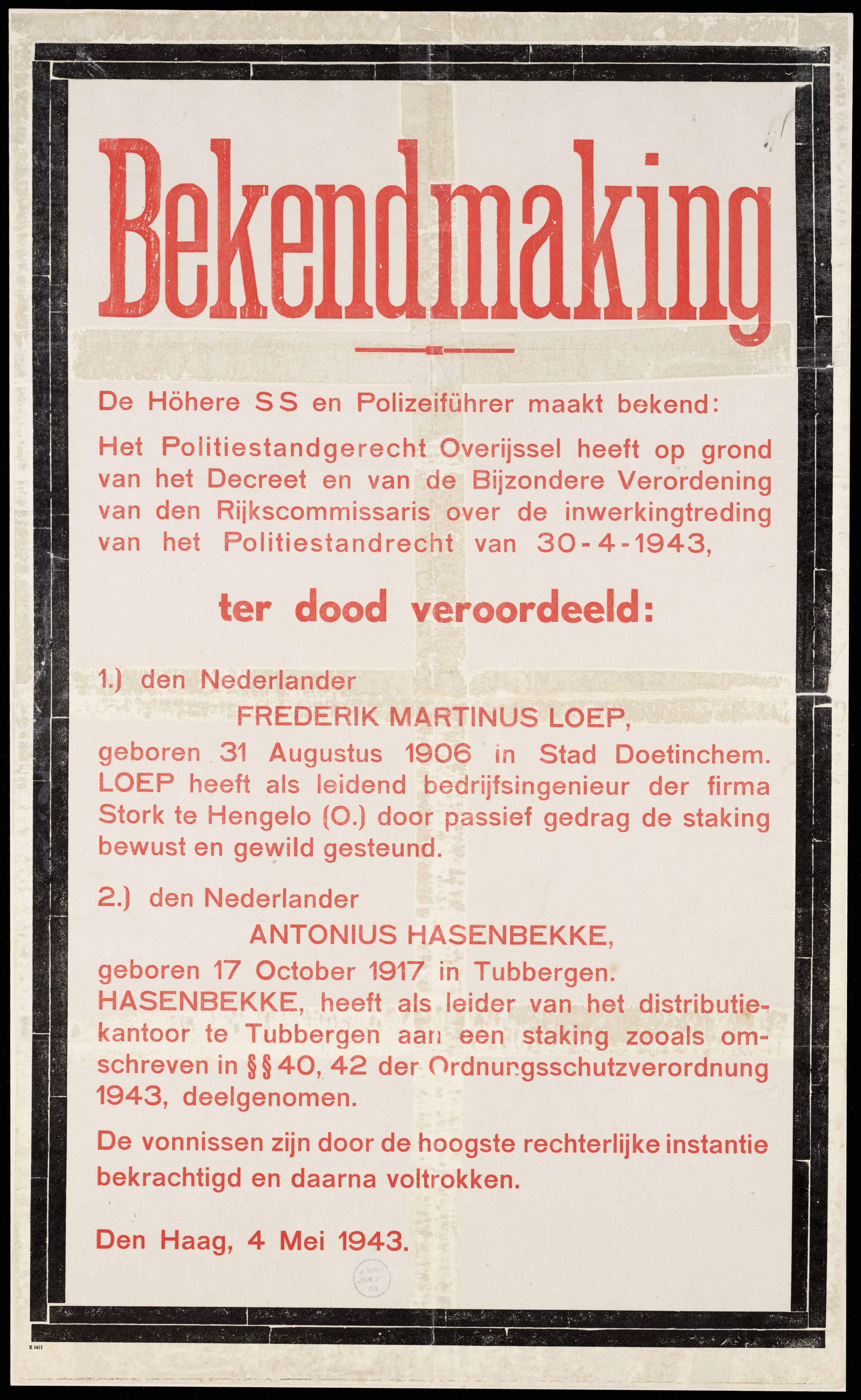 Bekendmaking van executie Frits Loep
