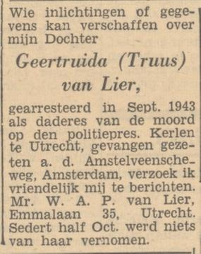 Vader Willem opzoek naar informatie over zijn dochter Truus, Het Parool 11-07-1946