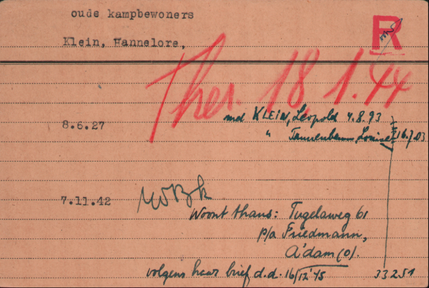 Kaart van Hannelore Klein uit de Joodsche Raad Cartotheek, met daarop in het rood de transportdatum van Kamp Westerbork naar Kamp Theresienstadt