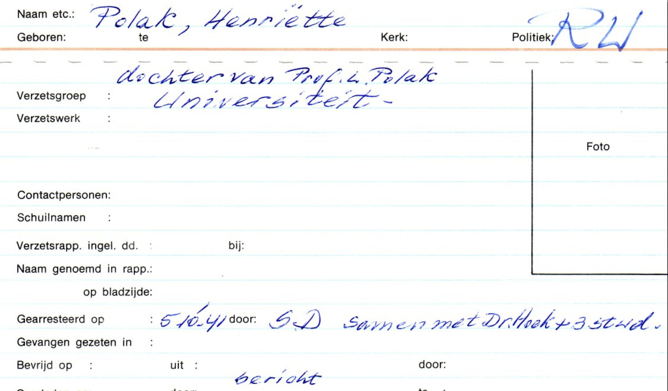 Verzetskaart van Henriette Polak met daarop de datum van haar arrestatie